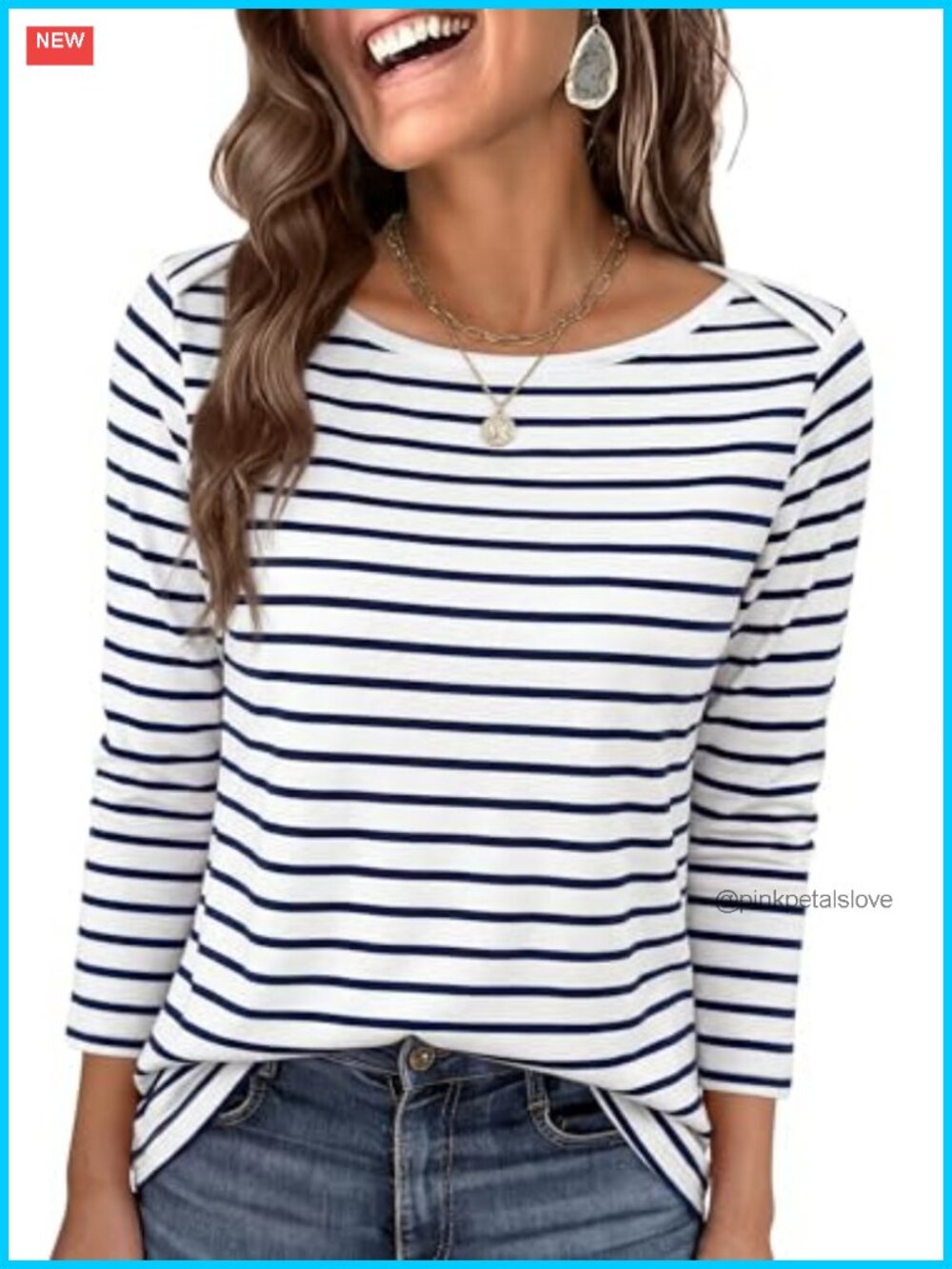 Women's Boat Neck 3/4 Sleeve Striped Top Polyester Rayon Spandex Casual T-Shirt